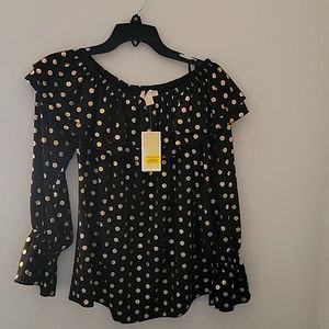 Michael Kors 3/4 Sleeve Top Black Gold Metallic Sz M NWT